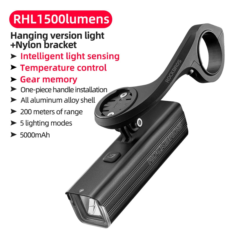 ROCKBROS Bicycle Light 1500LM Aluminum Alloy Type-C Charging Smart Bike Front Lights Hanging Version LED Lamp Cycling Headlights