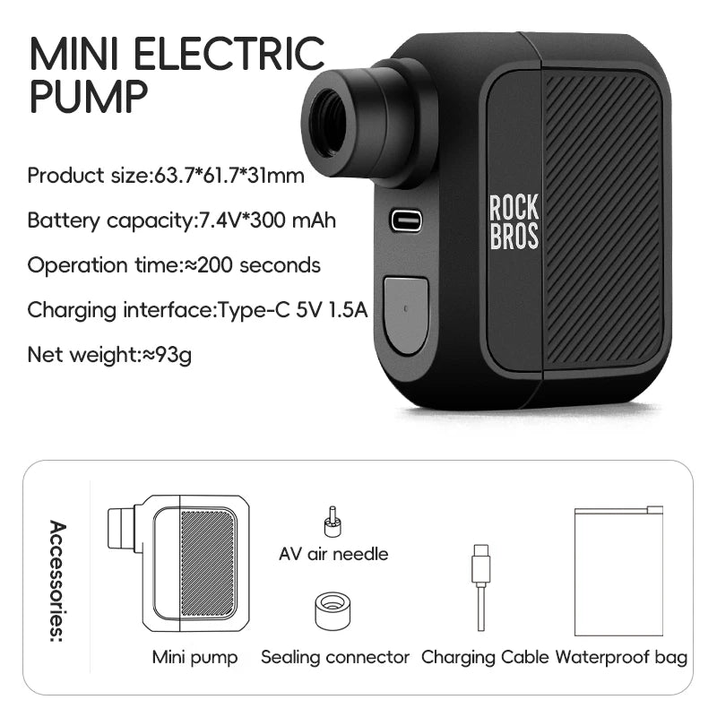ROCKBROS Bike Pump Mini Portable Electric Air Pump 100PSI 5V Type-C Rechargeable Bike Air Compressor Bicycle Tire Inflator