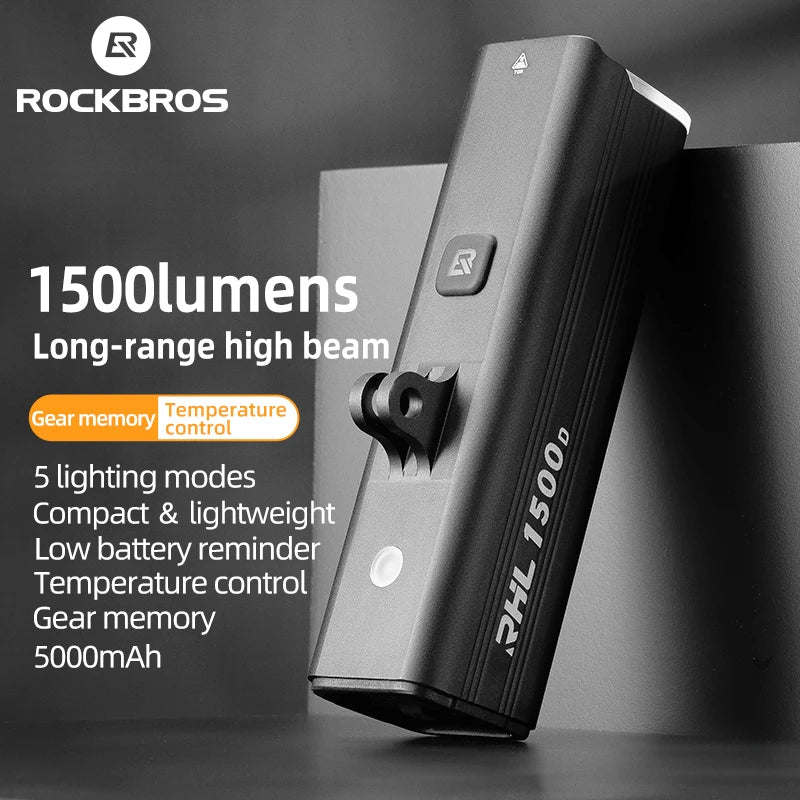 ROCKBROS 1500LM Bike Front Light Aluminum Waterproof Bicycle Headlight LED Lamp Flashlight Handlebar MTB Road Cycling Light