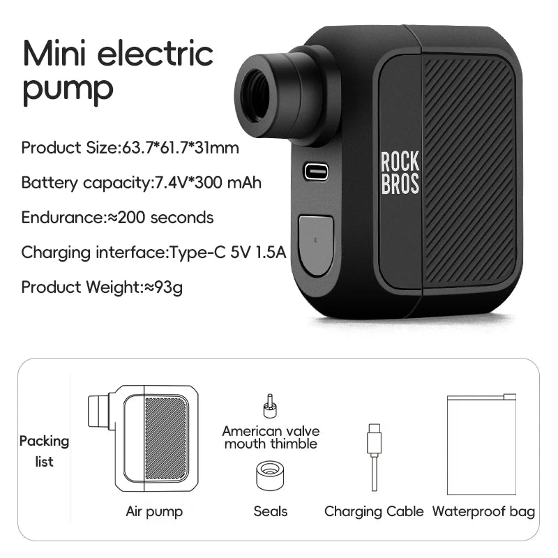 ROCKBROS 100PSI Mini Electric Bicycle Pump Portable Air Inflator Bike Pump Type-C Charging Sports Ball MTB Road Cycling Pump