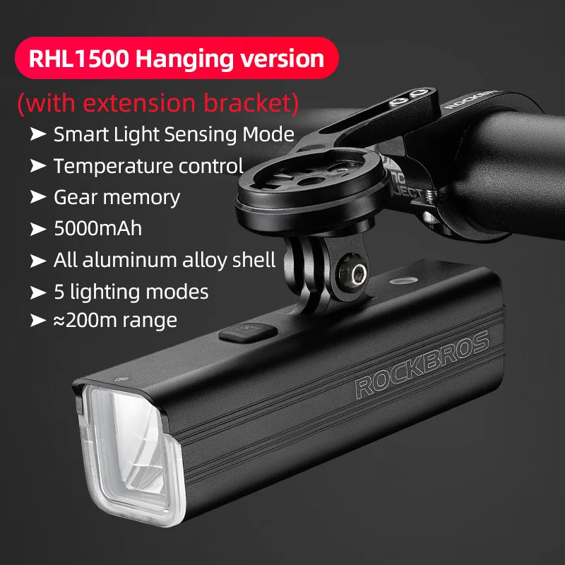 ROCKBROS 1500LM Bike Front Light Aluminum Waterproof Bicycle Headlight LED Lamp Flashlight Handlebar MTB Road Cycling Light