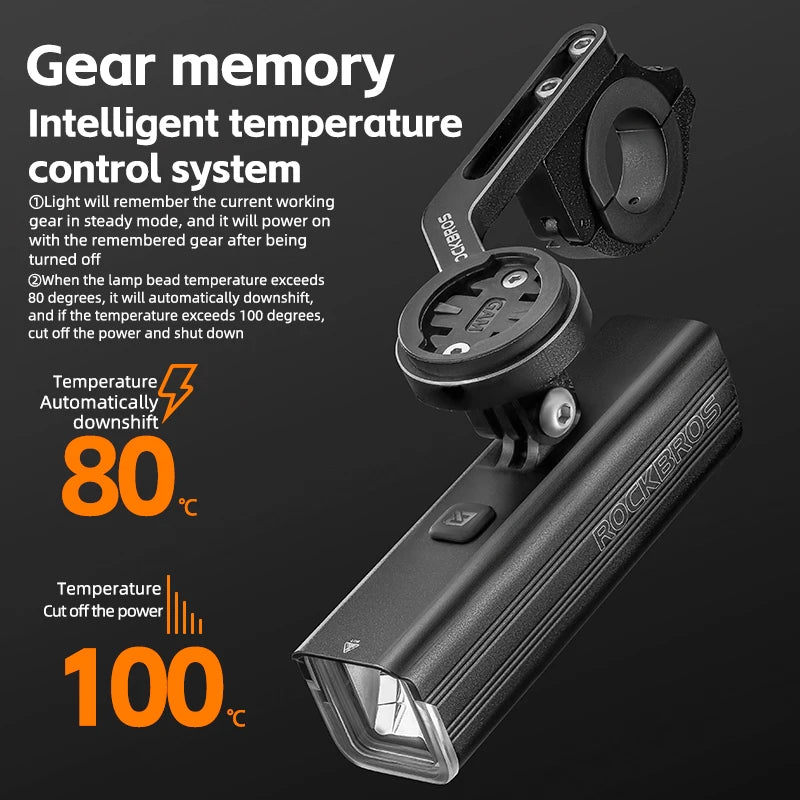 ROCKBROS Bicycle Light 1500LM Aluminum Alloy Type-C Charging Smart Bike Front Lights Hanging Version LED Lamp Cycling Headlights